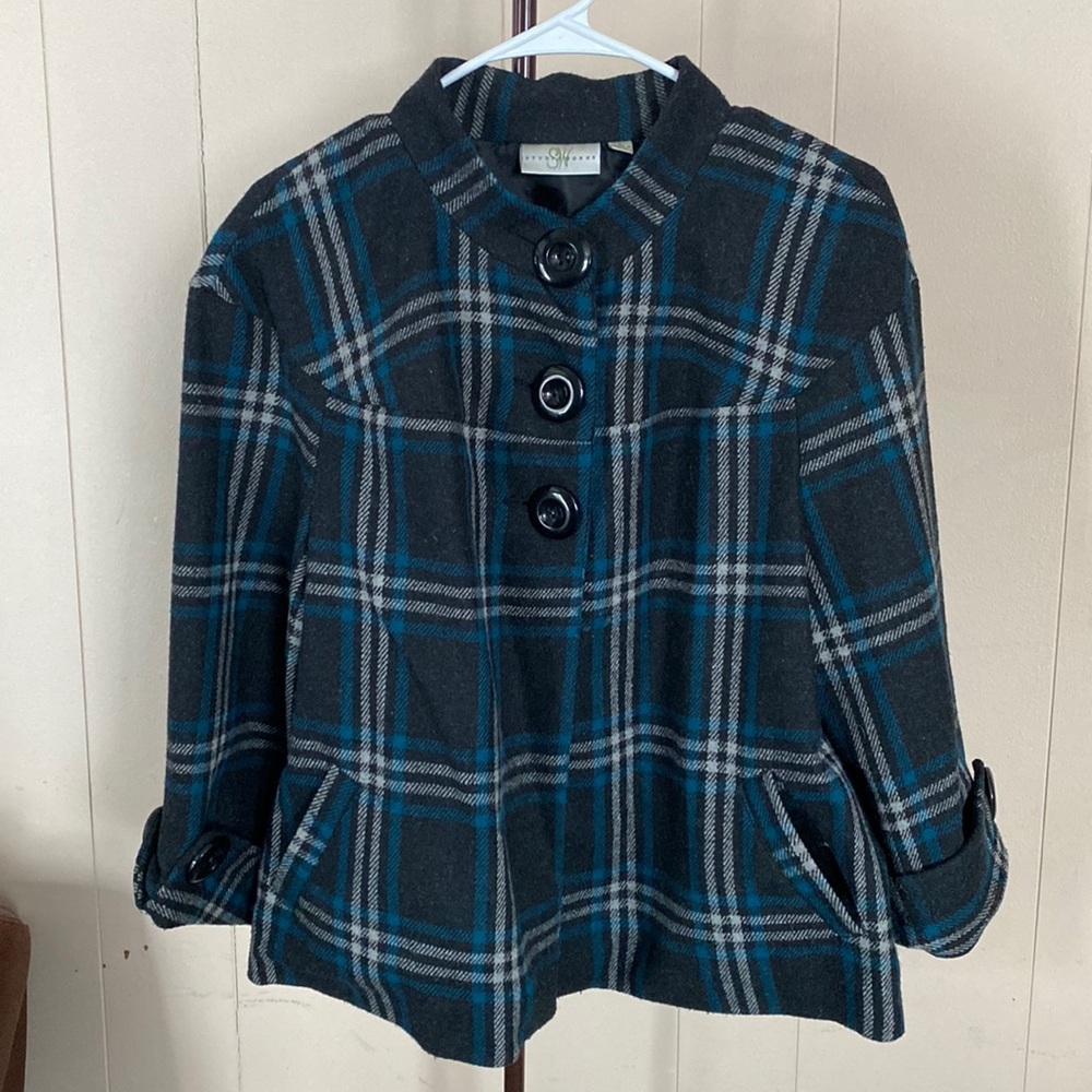 Turquoise, grey and black crop dress coat by studio works. Size Large.